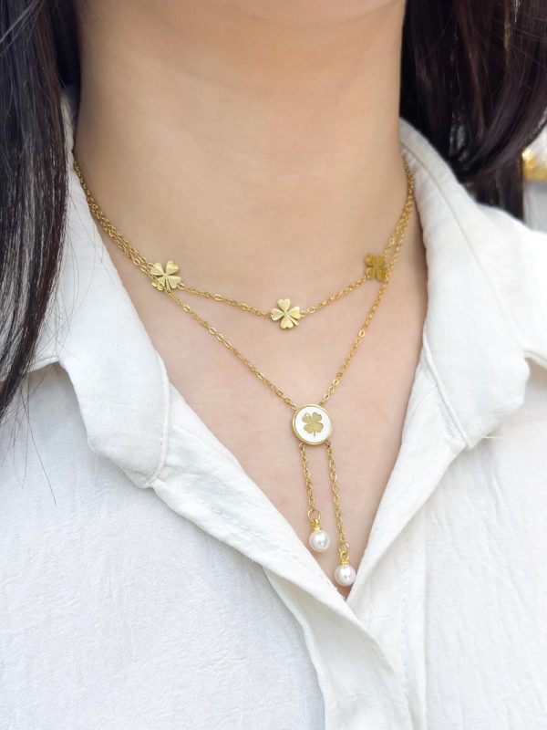 Collier double chaîne en acier inoxydable avec pendentifs floraux P012766
